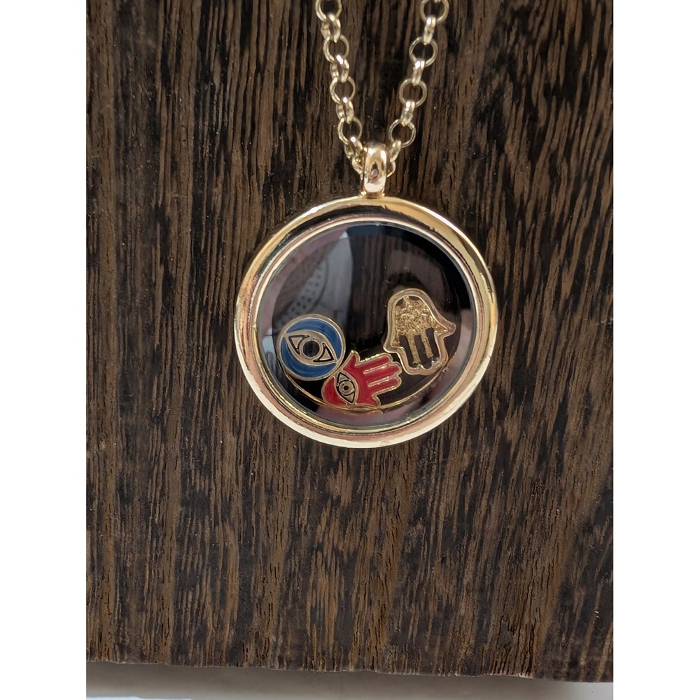 Gold Tone Floating Locket Necklace Hamsa Evil Eye Protection Charms Crystal Rim